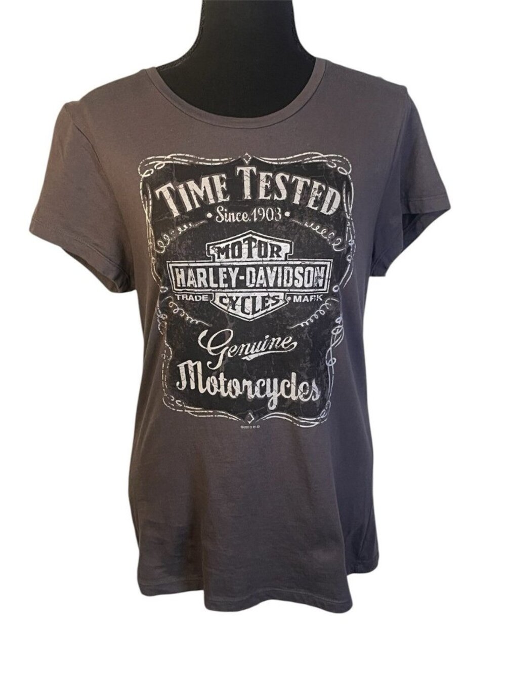 Womens Harley Davidson Time Tested T Shirt Gray Crew Neck Sz L St Louis Gateway